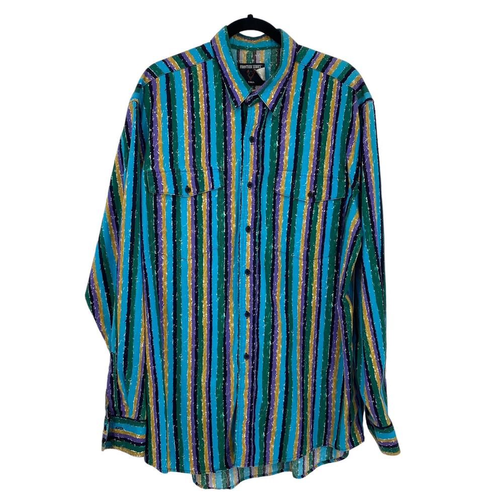 Vtg 80s 90s Frontier Series Western Cowboy‎ Rodeo Button Front Shirt XLT Striped